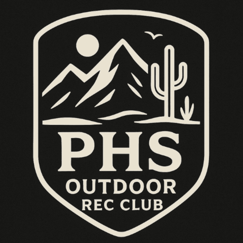 A desert landscape with mountains, a cactus, and a bird is featured in the background, while the foreground displays the letters "PHS" above "OUTDOOR REC CLUB" within a shield.