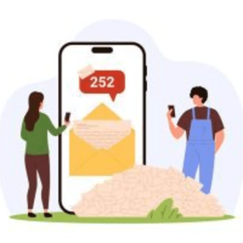 A woman and a man stand on either side of a giant smartphone displaying an overflowing inbox, with a large pile of paper in the foreground.