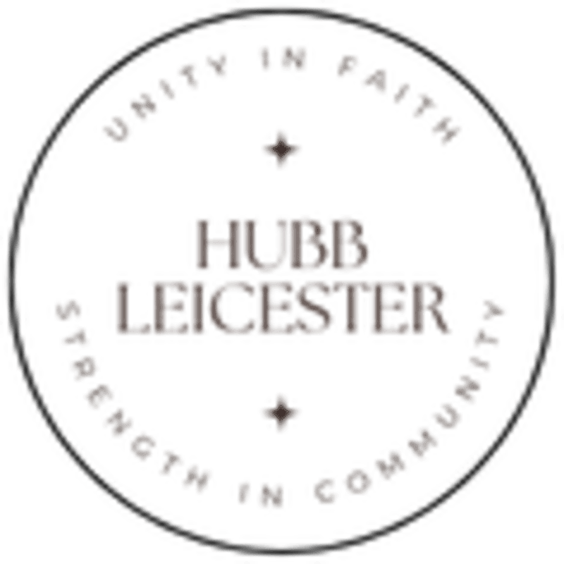 A circular logo with the words "HUBB LEICESTER" in the center, surrounded by the phrases "UNITY IN FAITH" and "STRENGTH IN COMMUNITY" in a dark outline against a white background.