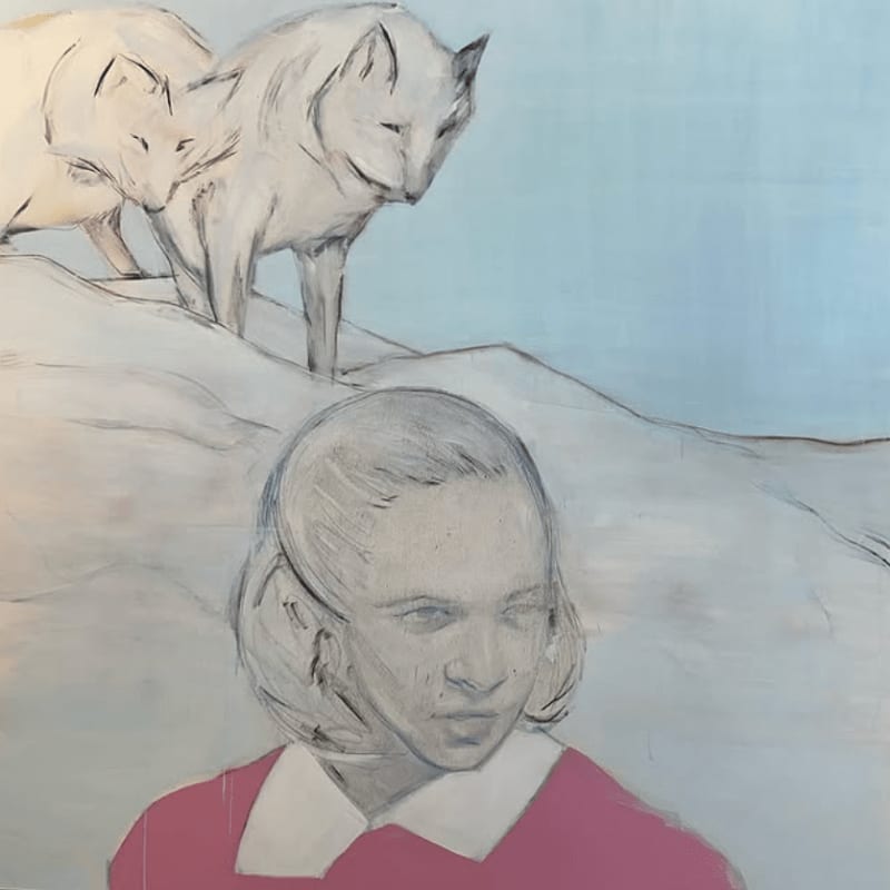 A young girl in a pink dress looks down in the foreground, while two white foxes stand on a snowy hill in the background under a pale blue sky.