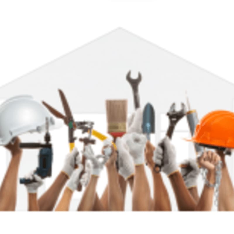 Hands in white gloves hold various tools like a drill, scissors, and wrenches in front of a white house outline.