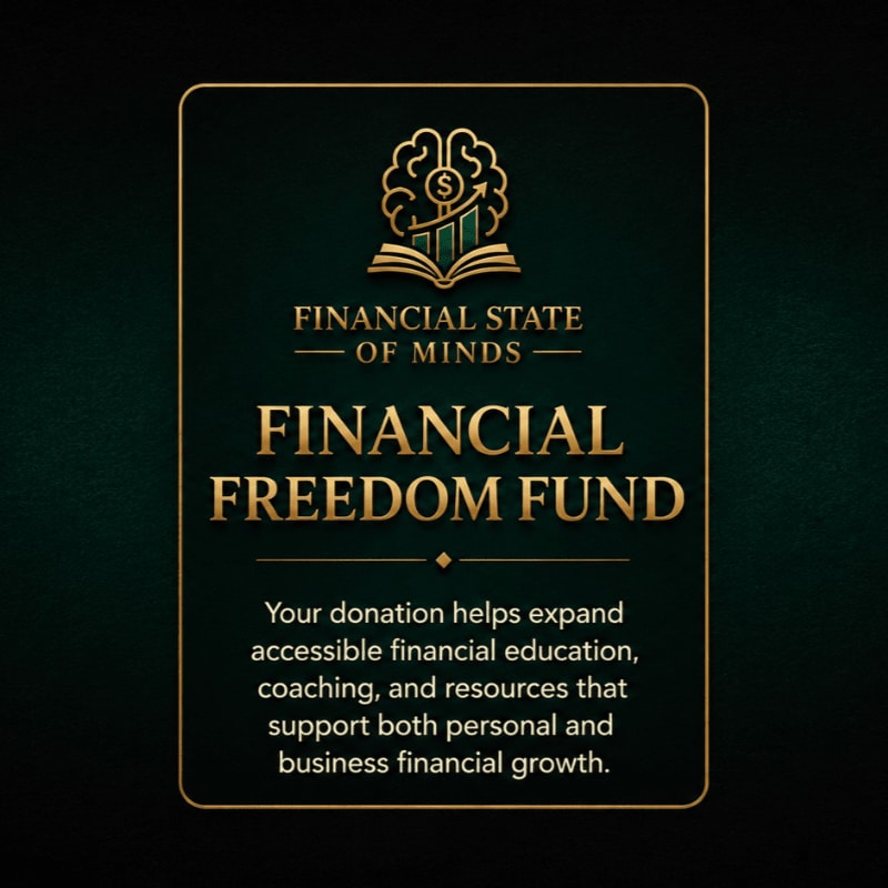 A dark green background frames a gold-bordered rectangle containing text and a logo of an open book with a brain and upward trending arrow, all promoting the "Financial Freedom Fund" for accessible financial education.