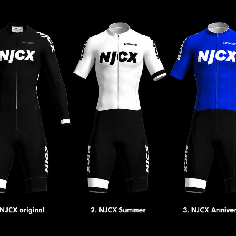 Three cycling outfits, black, white, and blue, are displayed against a plain black background.