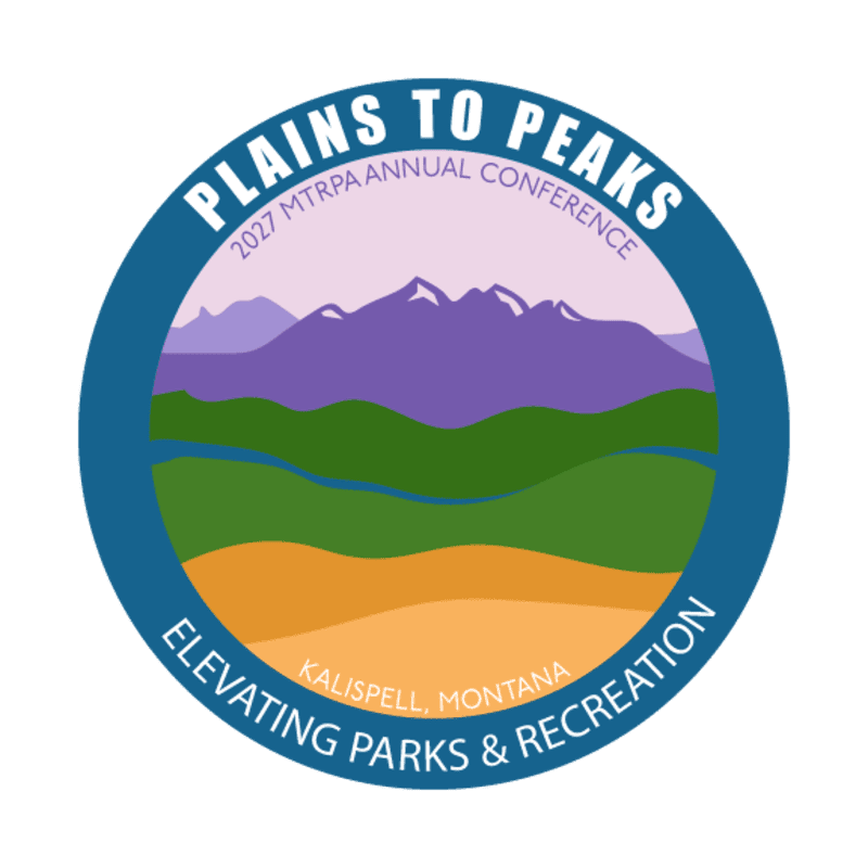 A circular logo features a stylized landscape with orange plains in the foreground and purple mountains in the background, all within a blue border that contains text about the "Plains to Peaks 2027 MTRPA Annual Conference" in Kalispell, Montana, focused on "Elevating Parks & Recreation."