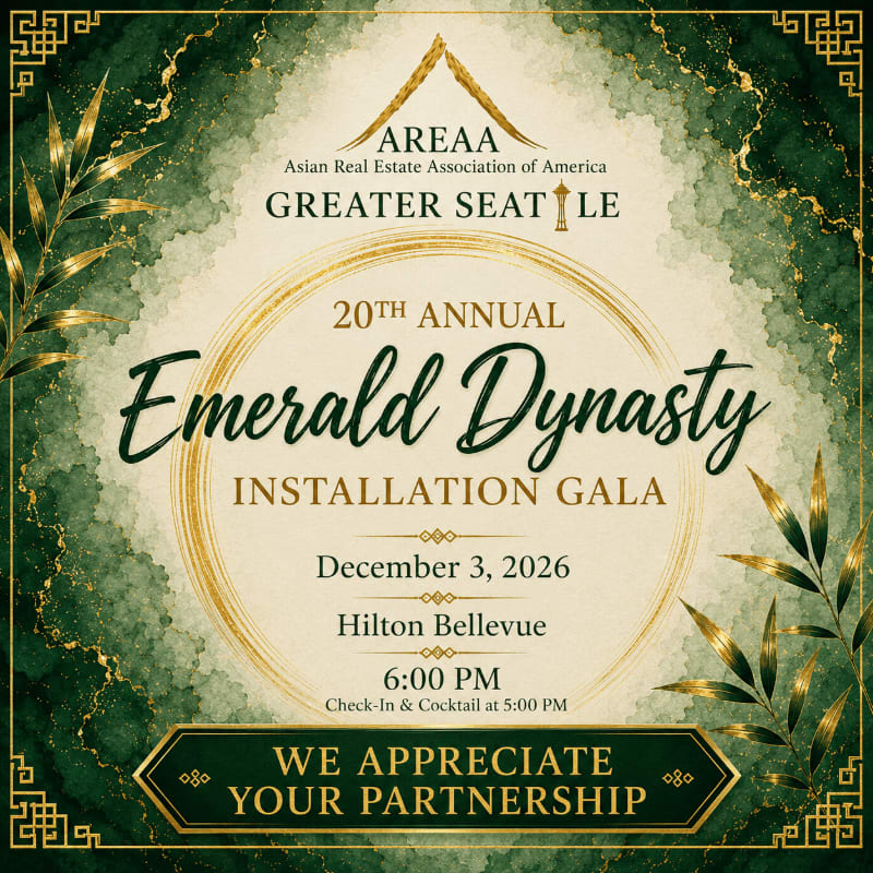 Gold text announcing the "20th Annual Emerald Dynasty Installation Gala" on December 3, 2026, at Hilton Bellevue is set against a marbled green and gold background with decorative foliage.