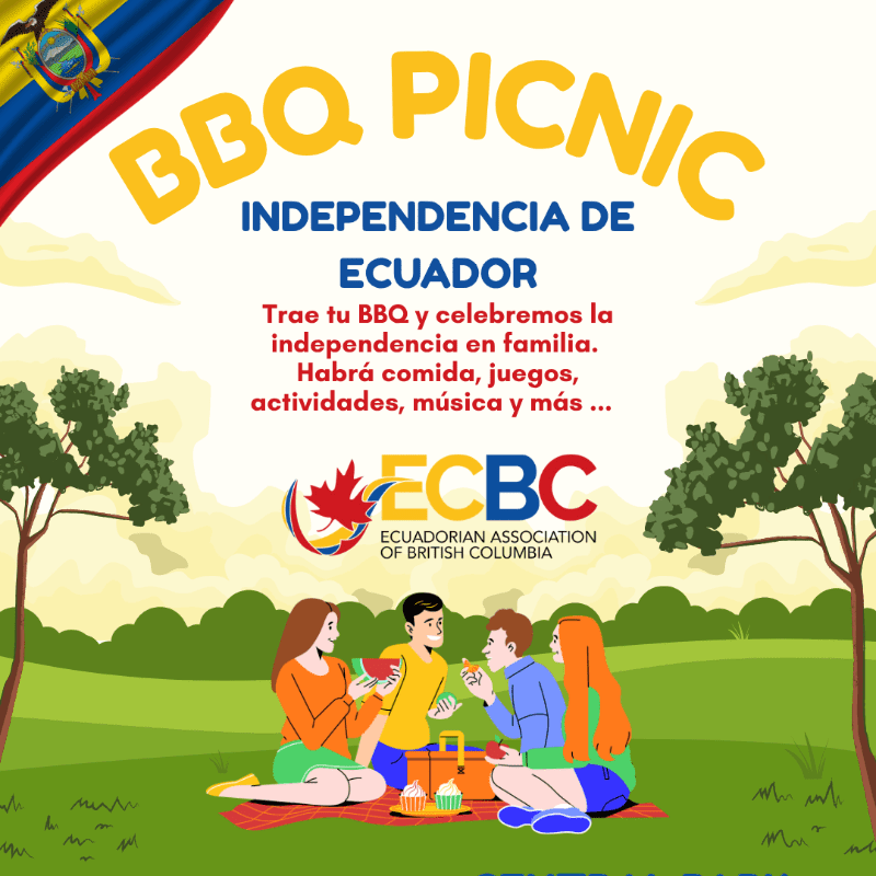 A family enjoys a picnic on a checkered blanket in the foreground, with trees and a park setting in the background, under a banner celebrating Ecuador's Independence Day.