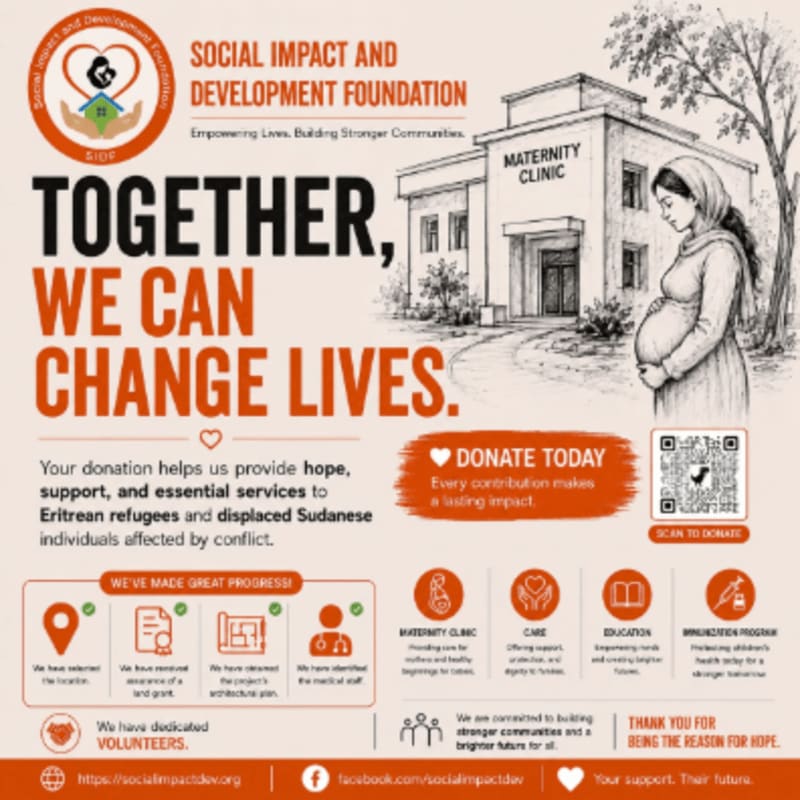 A pregnant woman stands outside a maternity clinic in the background, while the foreground features bold text promoting the Social Impact and Development Foundation's mission to change lives.