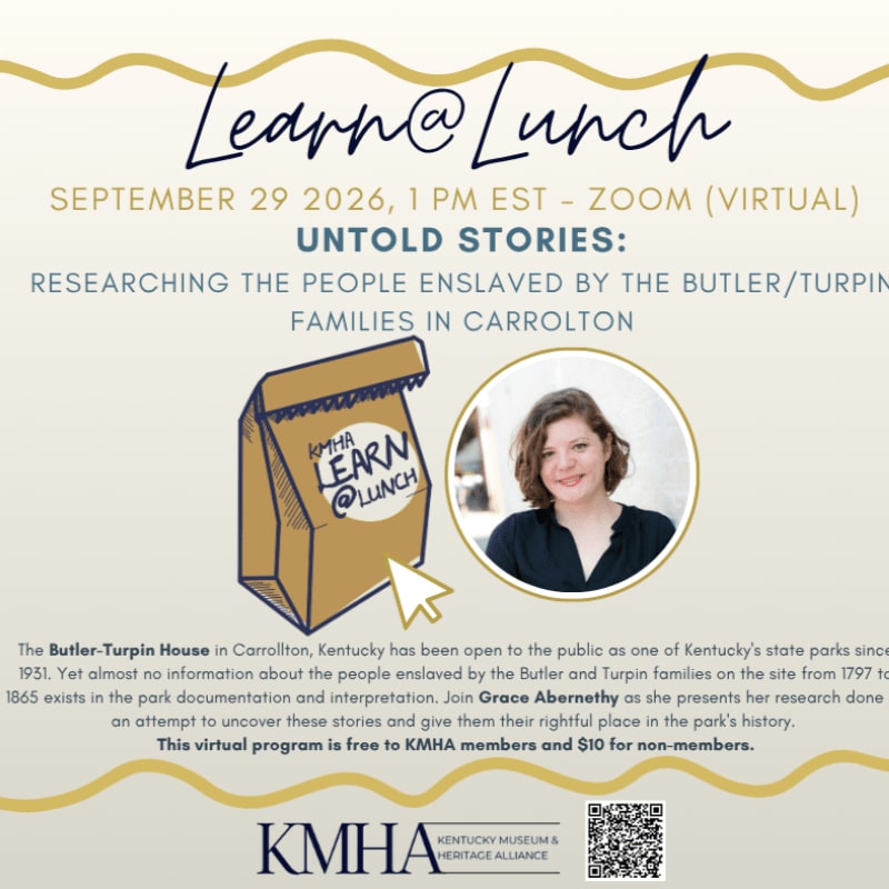 A virtual lunch program about untold stories of enslaved people is advertised with a graphic of a lunch bag and a speaker's portrait in the foreground, set against a textured background with event details.