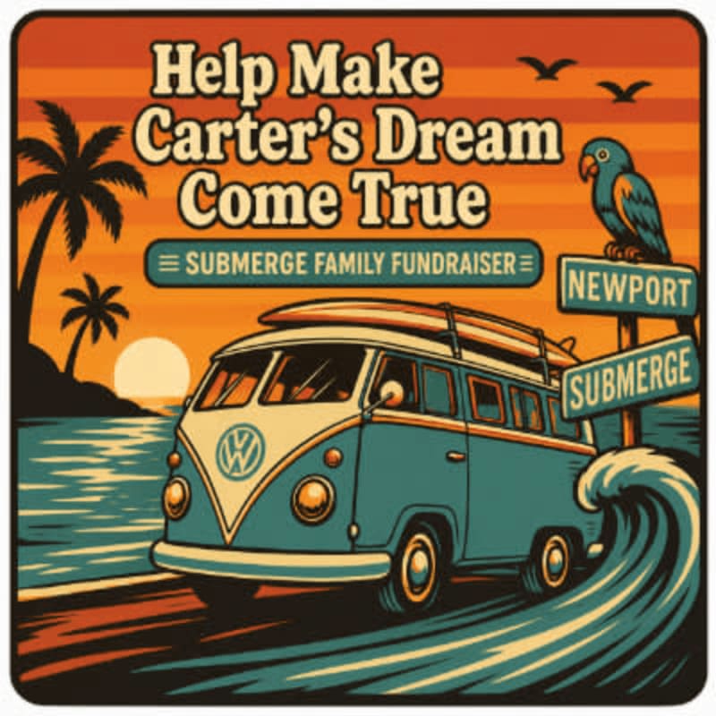 A teal Volkswagen van with surfboards on top drives along a beach road with palm trees and a sunset in the background, while a parrot perches on a signpost in the foreground.