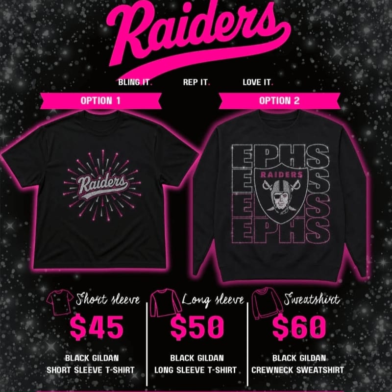 Two black Raiders-themed apparel options, a t-shirt and a sweatshirt, are displayed against a sparkling black background with pink text.