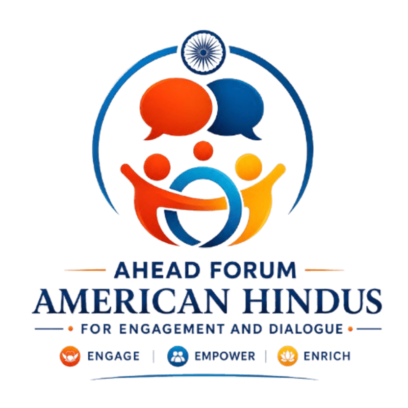 Colorful figures representing engagement and dialogue are featured in the foreground, set against a white background with the text "AHEAD FORUM AMERICAN HINDUS" and the Indian national emblem at the top.