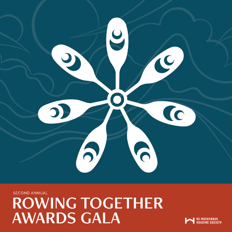 A white, stylized paddlewheel design is centered against a dark blue background with wavy lines, while the bottom features text for the "Second Annual Rowing Together Awards Gala" and a logo.