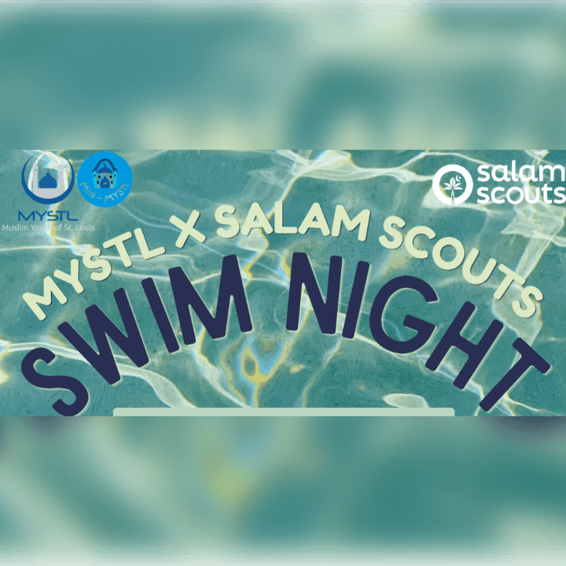 The foreground displays "MYSTL x SALAM SCOUTS SWIM NIGHT" in large, dark blue letters against a rippling water background, with logos for MYSTL and Salam Scouts visible in the upper left and right corners respectively.