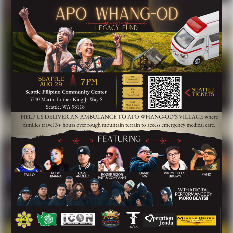 A poster for the "Apo Whang-Od Legacy Fund" features a vibrant illustration of two people in the foreground against a backdrop of a rural landscape with an ambulance, promoting an event to fund an ambulance for a village.