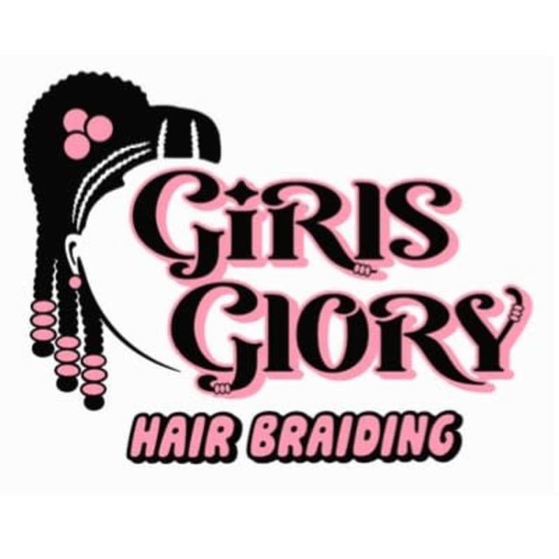 A stylized illustration of a woman's head with braided hair and pink beads in the foreground, with the words "GIRLS GLORY HAIR BRAIDING" in bold pink lettering in the background.