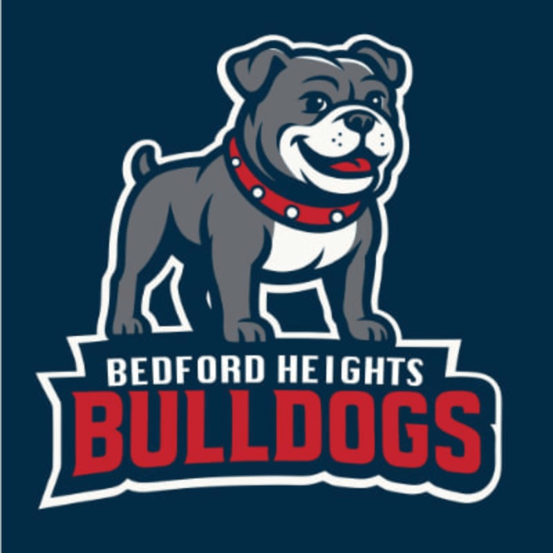 A cartoon bulldog with a red collar stands proudly above the words "BEDFORD HEIGHTS BULLDOGS" on a dark blue background.