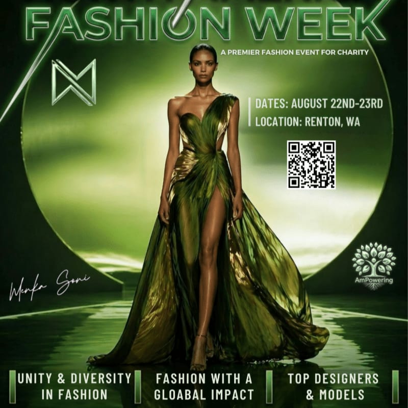 A model in a flowing green gown stands on a reflective surface in the foreground, with "Fashion Week" text and event details in the background.