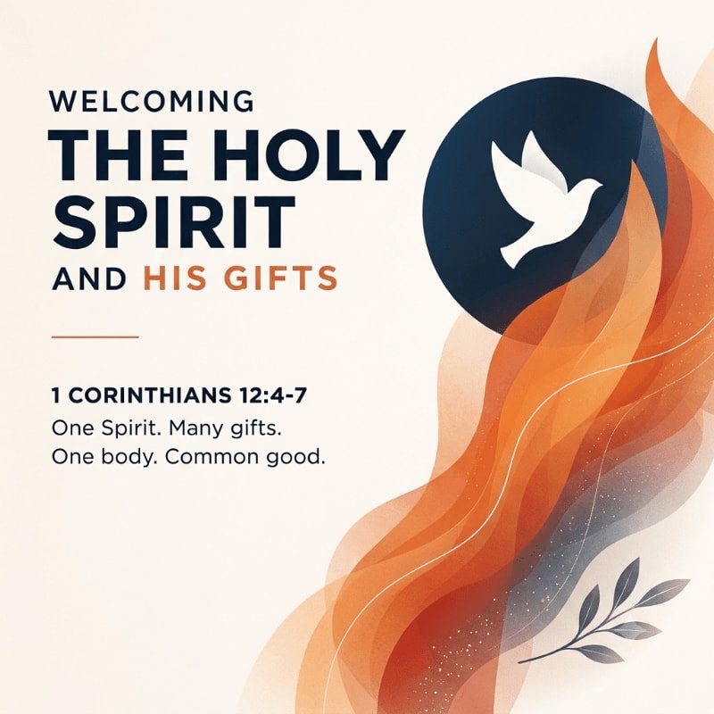 A dove within a dark circle is set against a background of flowing orange and white flames, with text about the Holy Spirit and scripture in the foreground.