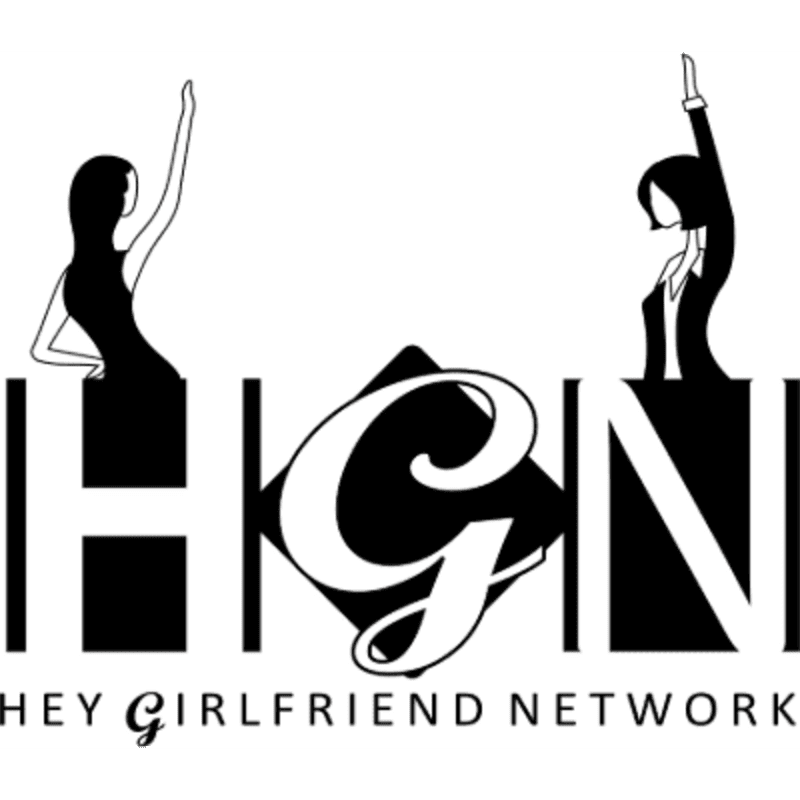 Two silhouetted women with raised arms stand above the bold black letters "HGN" which are centered over the words "HEY GIRLFRIEND NETWORK" in a white background.