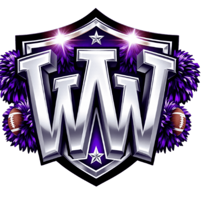A metallic silver "WW" logo with purple accents and pom-poms is set against a white background.