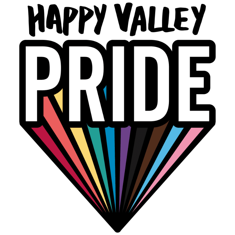 Bold white text reading "HAPPY VALLEY PRIDE" is layered over a fan of colorful stripes in the foreground, against a white background.