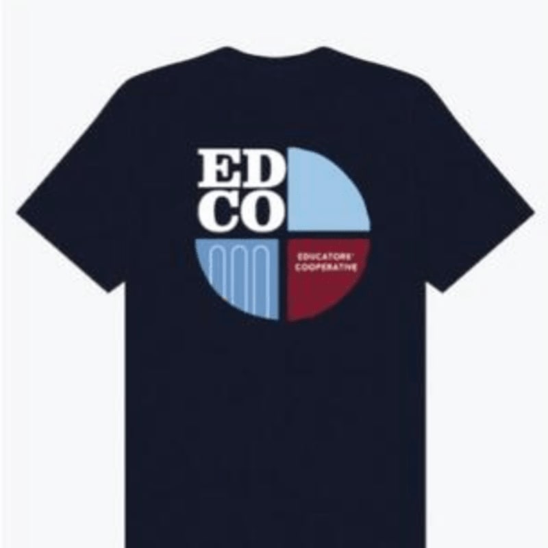 A navy blue t-shirt with a circular logo divided into four quadrants, featuring the text "EDCO" and "EDUCATORE COOPERATIVE" against a white background.