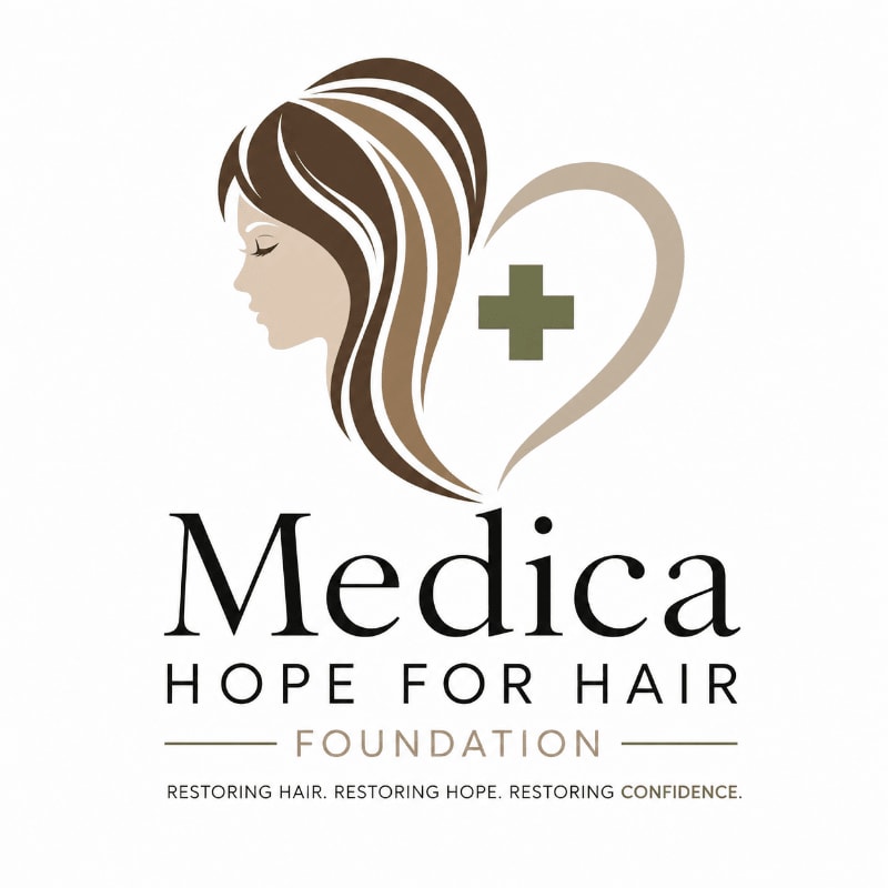 A logo features a profile of a woman's head with flowing hair forming a heart shape in the background, enclosing a green cross, above the text "Medica HOPE FOR HAIR FOUNDATION" and a tagline.