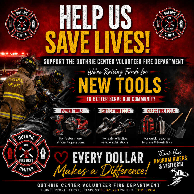 In the foreground, a graphic displays various tools and a slogan about donations, while the background features firefighters in action with emergency lights.