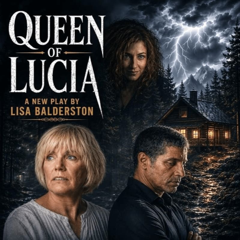 A woman with blonde hair and a man with dark hair look concerned in the foreground, while a shadowy woman looms behind a rustic cabin under a stormy, lightning-filled sky in the background.