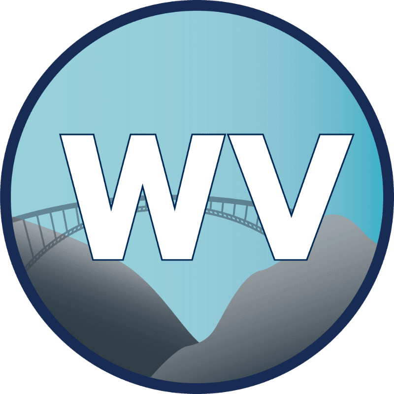 White letters "WV" are superimposed over a stylized bridge and mountains, all within a circular frame with a light blue gradient background.