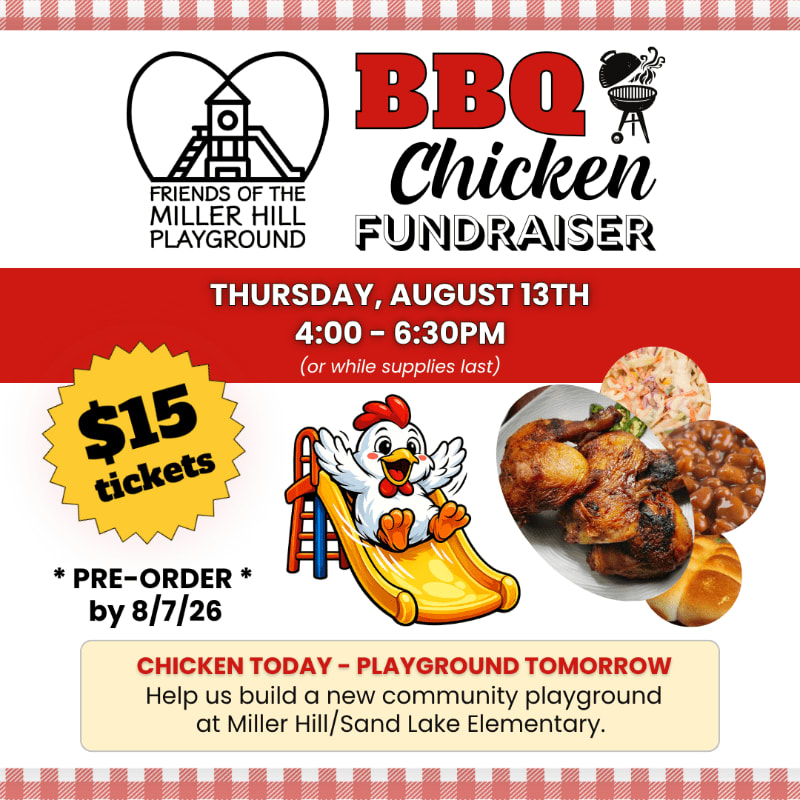 A cartoon chicken slides down a yellow slide in the foreground, with a plate of BBQ chicken and sides in the background, all set against a red and white checkered border.