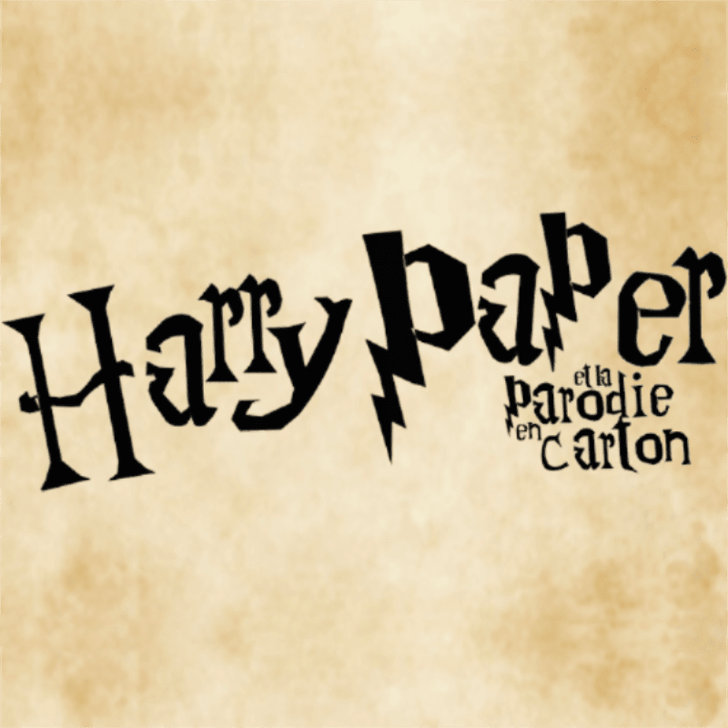 Black text with a lightning bolt accent reads "Harry Paper et la parodie en carton" against a parchment-like background.