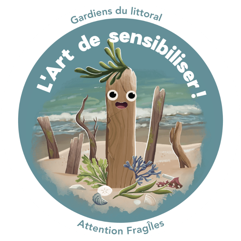 A cartoon driftwood character with seaweed hair stands on a sandy beach with shells and coral in the foreground, while the ocean and sky form the background within a circular frame.