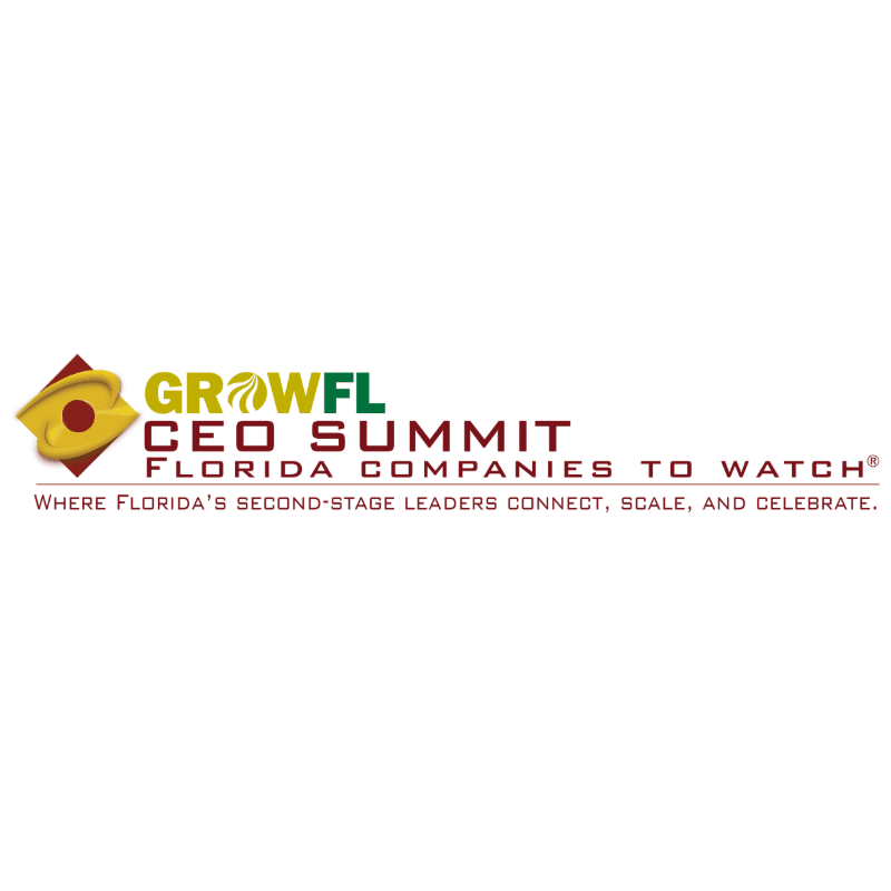 A logo for the GROWFL CEO SUMMIT, featuring the text "FLORIDA COMPANIES TO WATCH" and a tagline about connecting, scaling, and celebrating, is displayed against a white background.