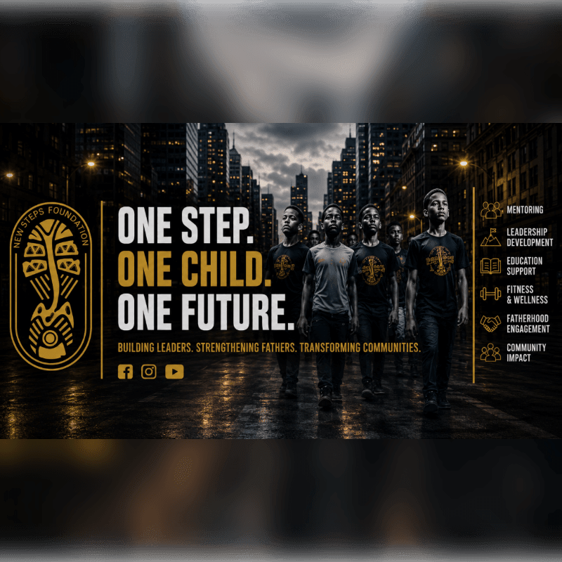 A group of young men walks forward on a city street at night, with the "New Steps Foundation" logo and slogan prominently displayed.