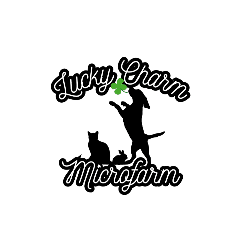 Silhouetted animals, including a dog reaching for a shamrock, a cat, and a rabbit, are positioned in the foreground beneath the "Lucky Charm" text, with "Microfarm" written below them.