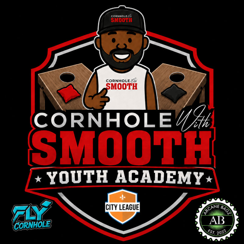 A cartoon man with a beard and a "Cornhole With Smooth" hat stands in front of two cornhole boards, with the "Cornhole With Smooth Youth Academy" logo prominently displayed.