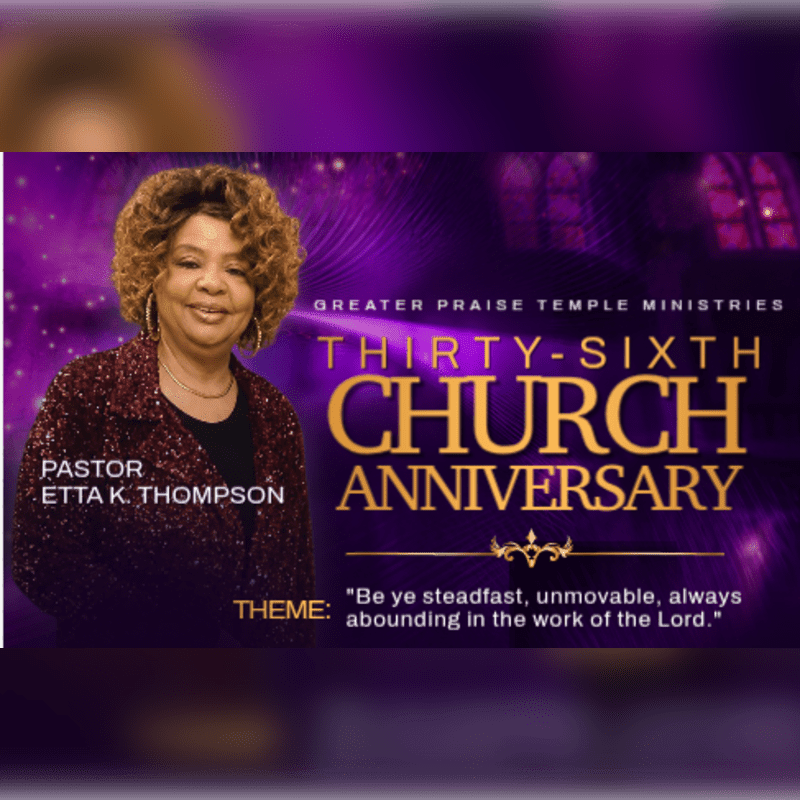 A woman in a sparkly jacket stands in the foreground against a purple background celebrating the thirty-sixth church anniversary of Greater Praise Temple Ministries.