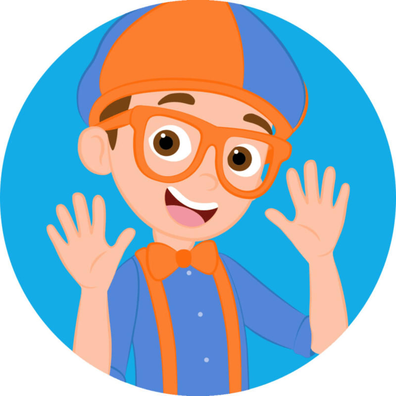 A cartoon boy with orange glasses and a blue and orange outfit waves his hands in front of a bright blue circular background.