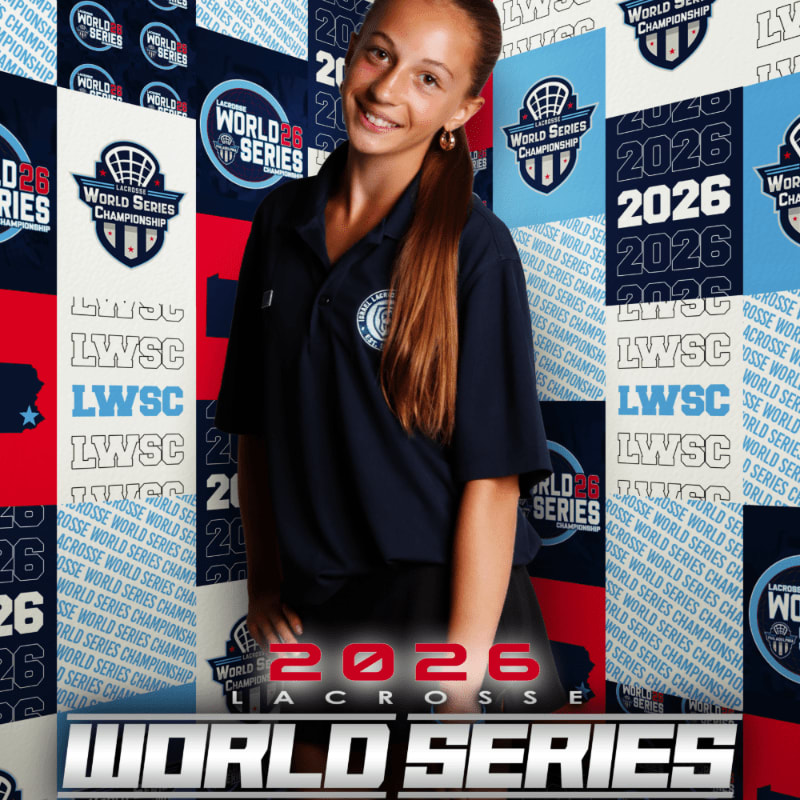A young girl smiles in the foreground, with a repeating pattern of "2026 World Series Lacrosse" logos in the background.