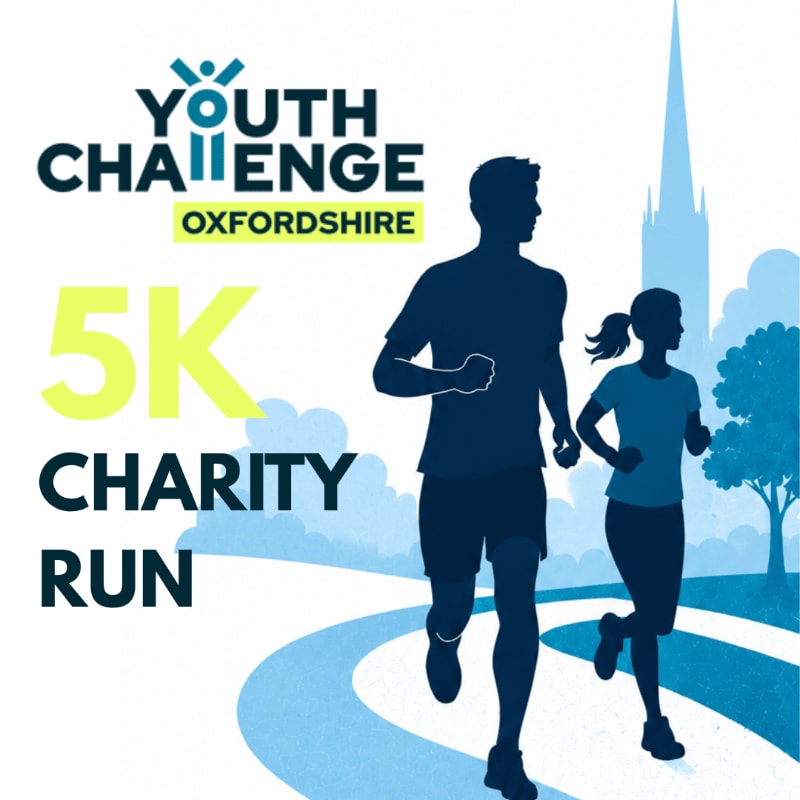 Silhouettes of two runners are in the foreground on a winding path, with a stylized church spire and trees in the background, all set against a white backdrop with event text.