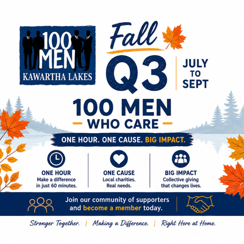 Autumn leaves and a stylized lake scene form the background for a graphic promoting "100 Men Who Care" for Fall Q3, highlighting their commitment to one hour, one cause, and big impact.