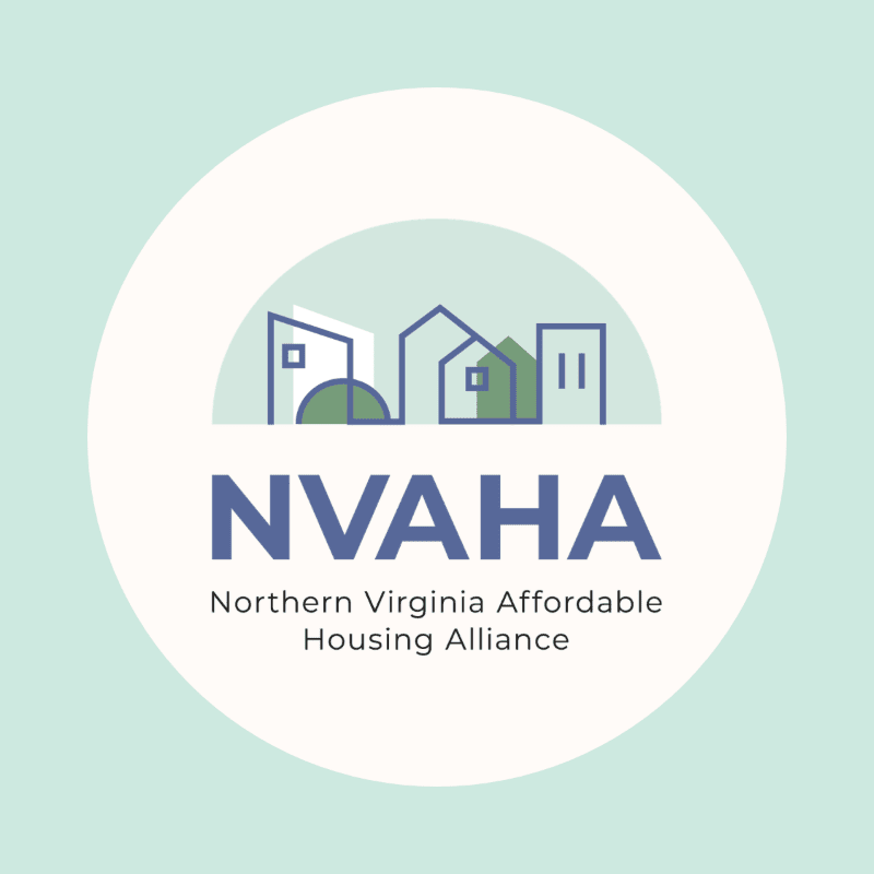 A white circle on a light blue background contains a logo with stylized houses in the upper portion, the text "NVAHA" in large blue letters below them, and "Northern Virginia Affordable Housing Alliance" in smaller gray text underneath.