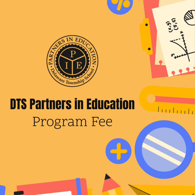 A yellow background features school supplies like a ruler, magnifying glass, and pencil in the foreground, with a "DTS Partners in Education Program Fee" title and a school logo in the upper left.