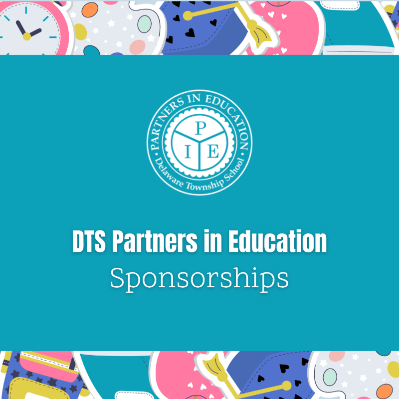 A circular logo for "DTS Partners in Education" is centered on a teal background with the words "Sponsorships" below it, all framed by a colorful border of school-related icons.