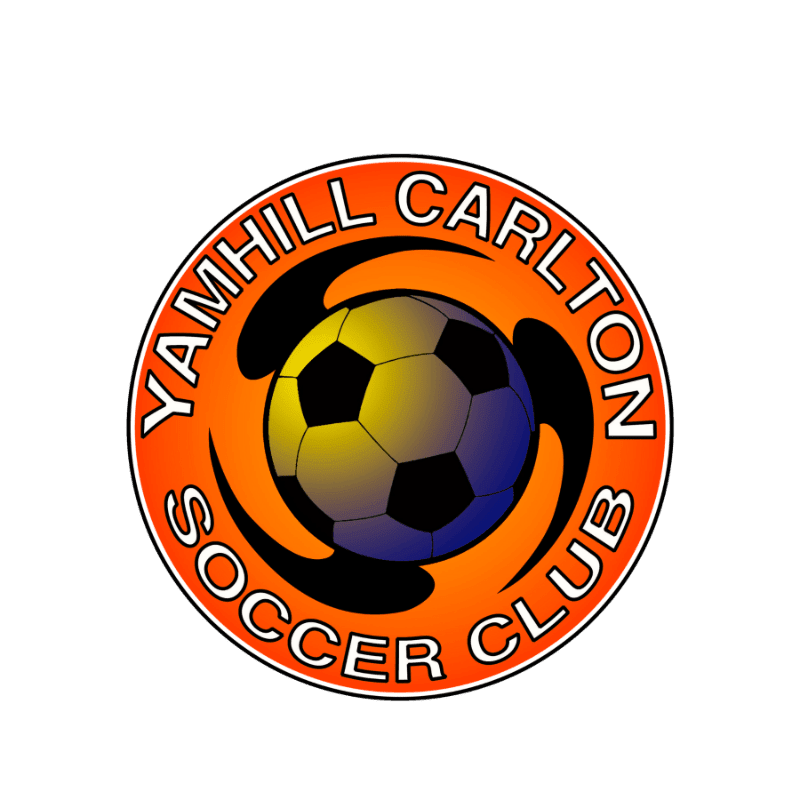 A circular logo with "YAMHILL CARLTON SOCCER CLUB" written around a soccer ball with swirling black accents on a white background.