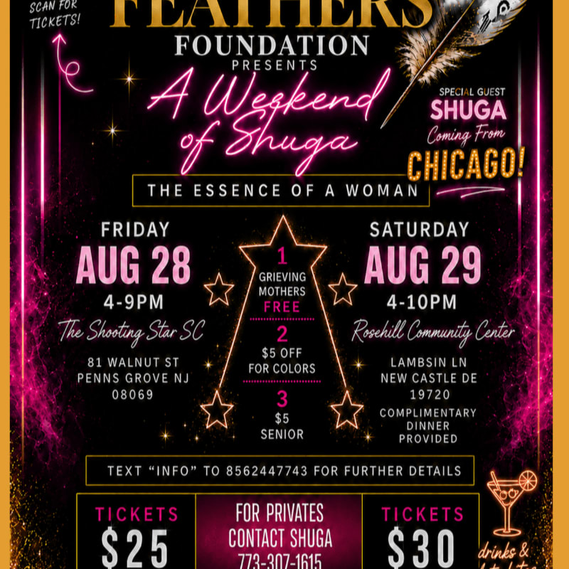 A vibrant flyer advertises "A Weekend of Shuga" with event details in the foreground and a stylized feather graphic against a dark, starry background.