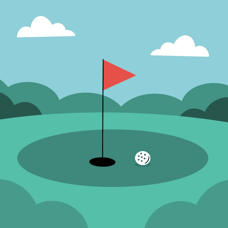 A golf ball rests on a green near a red flag on a pole, with rolling green hills and fluffy clouds in the background.