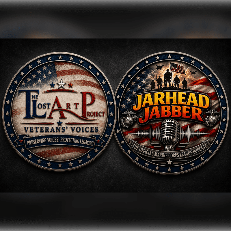 Two circular emblems, one featuring "The Lost Art Project Veterans' Voices" and the other "Jarhead Jabber The Official Marine Corps League Podcast," are displayed against a dark background.