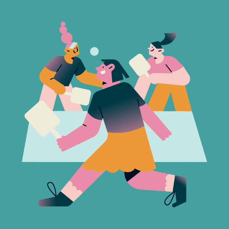 Three stylized figures play a paddle sport on a teal background, with two players on one side of a net and one on the other.